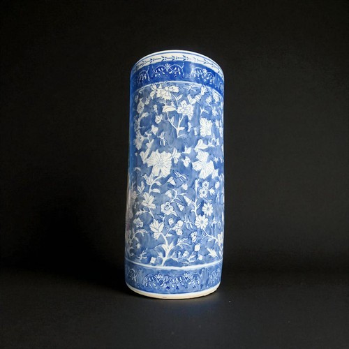 Grand vase Chinois rouleau bleu et blanc style Qing – céramique 48cm décor flora - Imagen 3 de 12