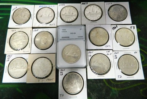 CANADIAN SILVER DOLLARS BULK LOT 15 COINS 1967 OR EARLIER .800 1953 55 56 57 58
