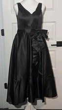 Womens Black Satin Formal Evening Dress Gown V Neclike Tie Back Detail