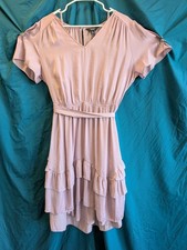 Vera Wang Ruffle Tiered Mauve Dress XL Flutter Sleeve V-Neck High Low Hem Elegan