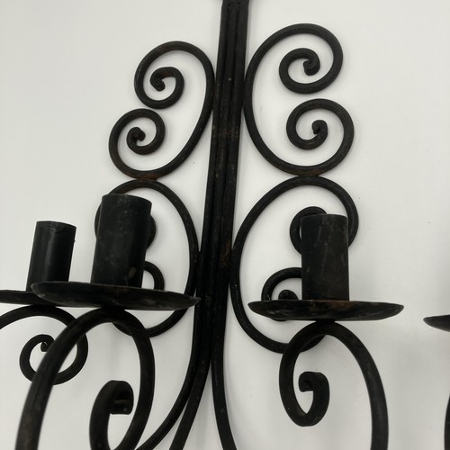 PAIR Vintage Black Wrought Iron Wall Hanging Triple Candle Sconce Candelabra Mex - Picture 2 of 7