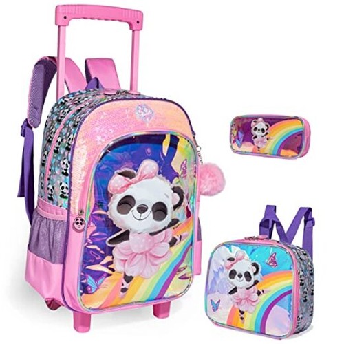 Panda Rolling Backpack for Girls with Lunch Box Kids Backpack with Wheels for