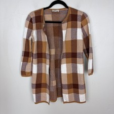 LOFT Brown Plaid Cardigan Academia Preppy Open Front Sweater Size XS Petite