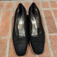 Vintage Salvatore Ferragamo Florence Suede Geometric Block Heel Black Leather7.5