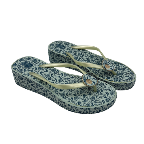 Juicy Couture Wedge Flip Flop Sandals Womens Sz 38 Y2K Blue Gold Logo Platform