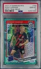 2023-24 Donruss FIFA Optic Teal Mojo Prizm 15/49 Hugo Larsson PSA 10 GEM MT 8d2