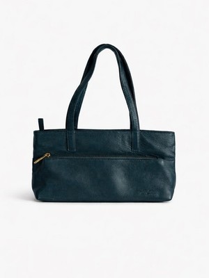 Stone Mountain Teal Leather Shoulder Tote Gold Zip Chic Minimal Bag On Trend