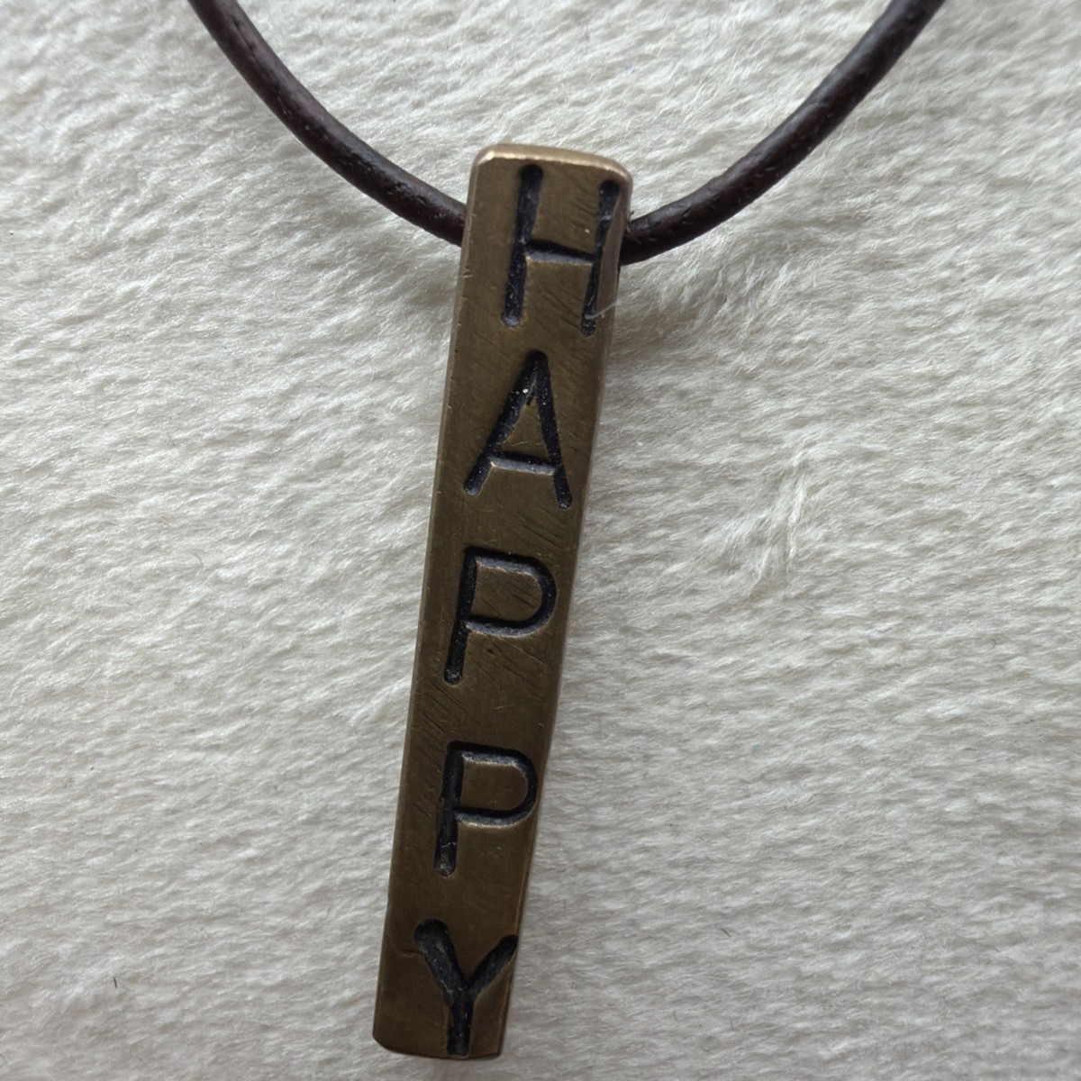 710. Happy Ingot Drop Brass Bar Waxed Brn Leather Necklace Slider View 2