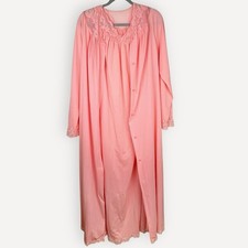 Vintage Peignoir Set ShadowLine Coral Nylon Lace Robe Nightgown Long Medium