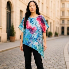 Chicos Size 1 Scarf Top M Colorful Watercolor Kimono Blue Pink White Semi Sheer