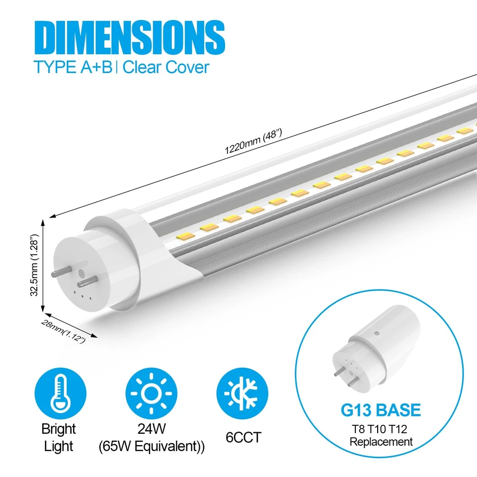 Bombillas LED T8 T12 4 pies, 4 pies Tubo Luces 6CCT 3000K-6500K/5 Potencia (10W-24W), L... Foto 3 de 4