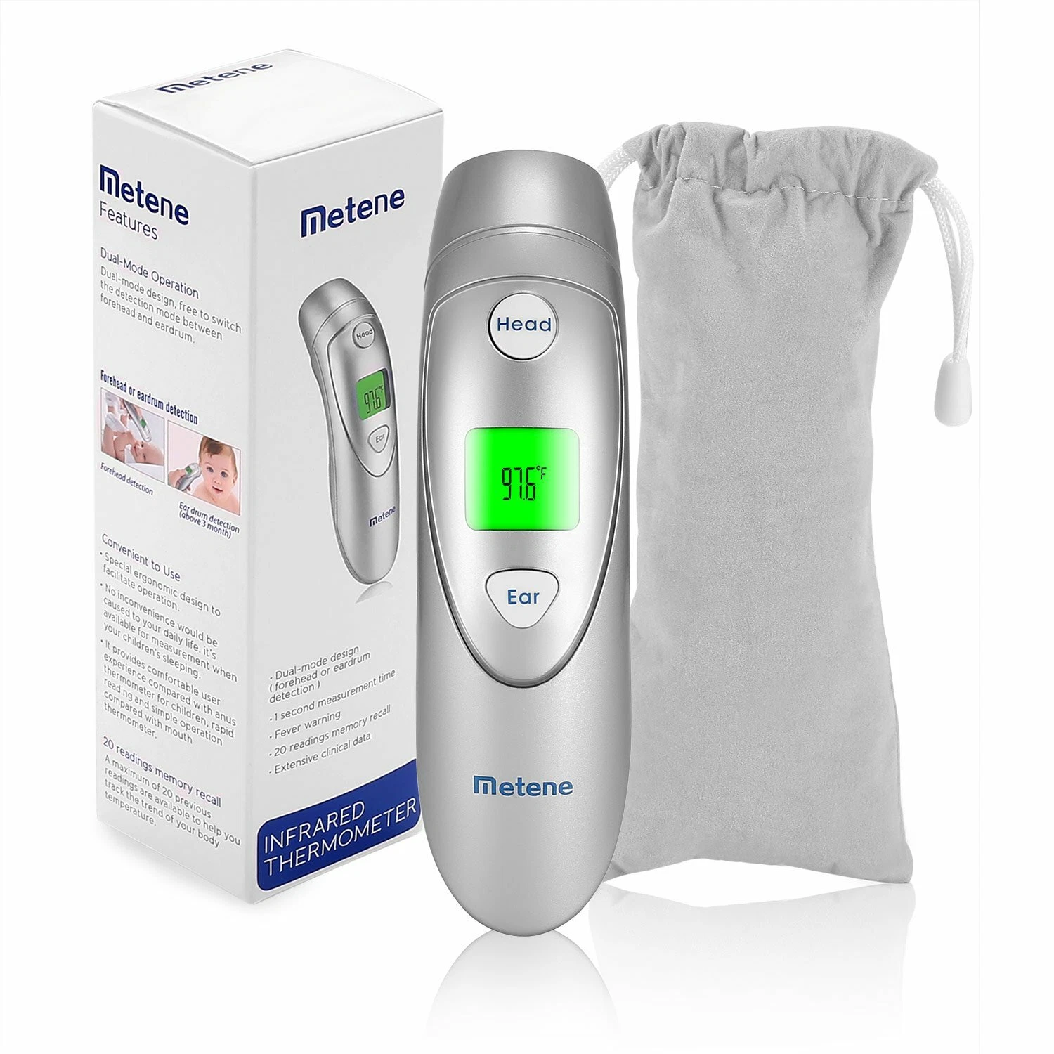 Metene Medical Forehead & Ear Dual Mode Infrared Digital Thermometer Non-Contact