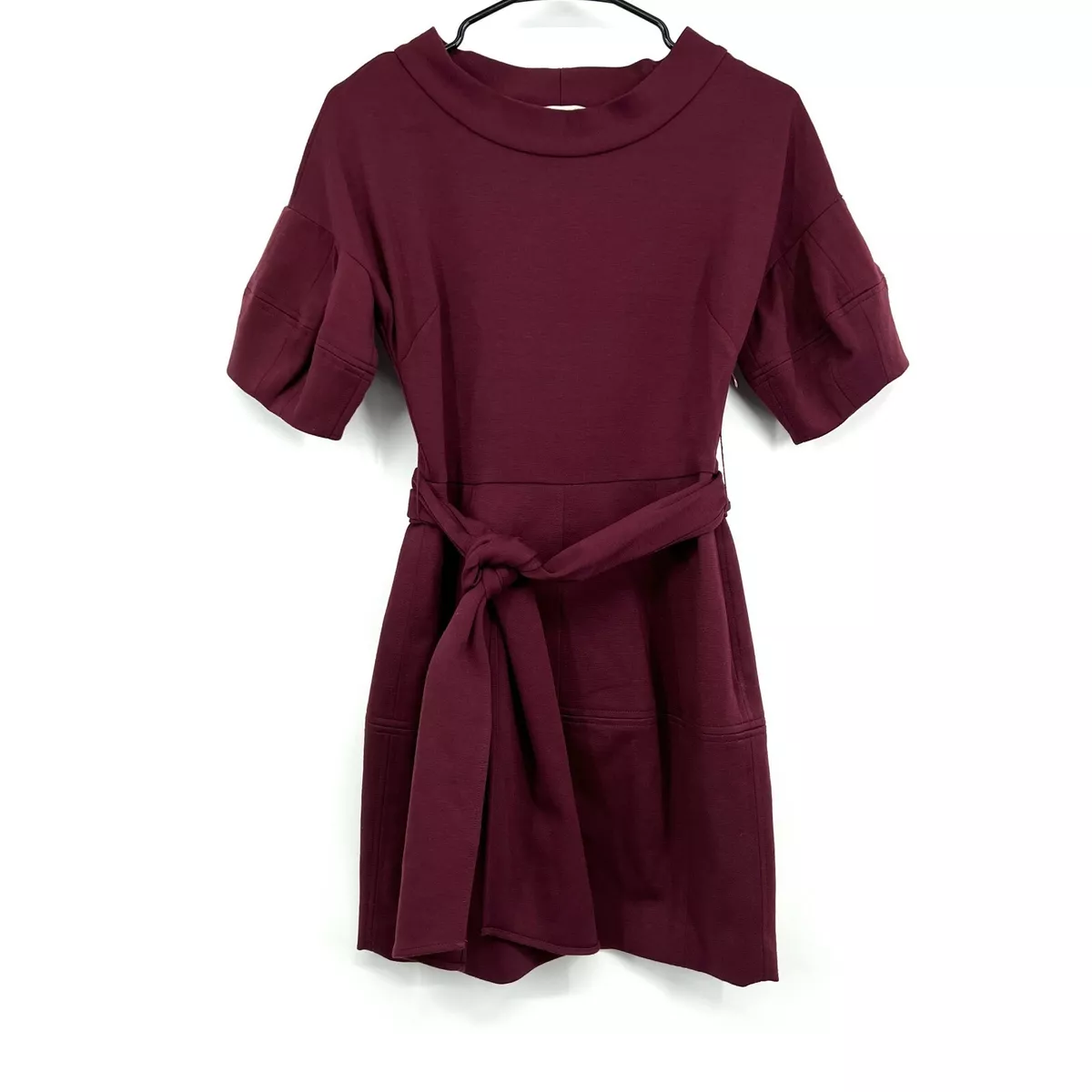 BCBGeneration Dress Womens Size XS Burgundy Tie Waist Short Puff Sleeve