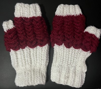 Burgundy/Dark Red & White Womens Fingerless Mittens Gloves One Size