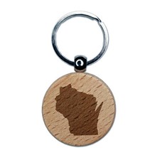 Wisconsin State Silhouette Engraved Wood Round Keychain Tag Charm