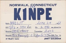 vintage amateur radio QSL postcard K1NPE Jerry Goldman 1961 Norwalk Connecticut