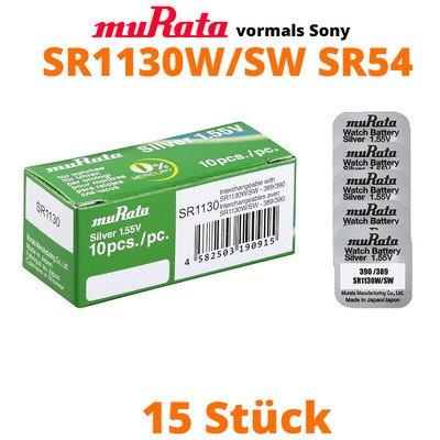 15 x Murata Sony 390 389 Uhrenbatterien 1,55 V SR1130SW W SR54 AG10 eh. Sony 