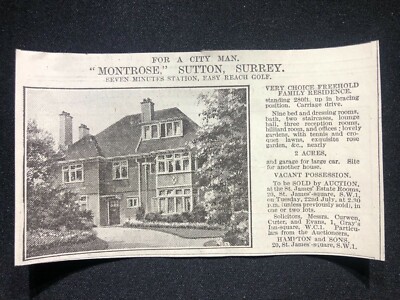 Montrose House Sutton Surrey Geschichte - Original Press Cutting 1924 