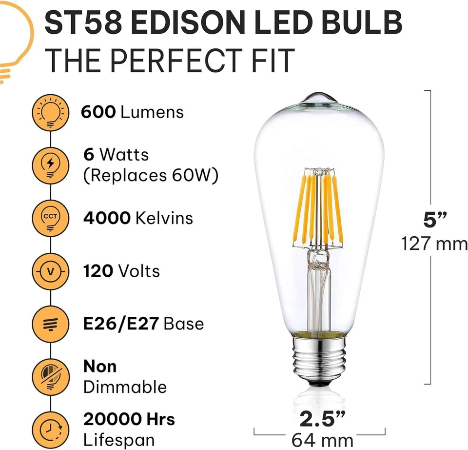 HUDSON BULB CO. Vintage LED 6W Edison Light Bulbs (6 Pack) - E26/E27 Base Light - Image 2 of 4