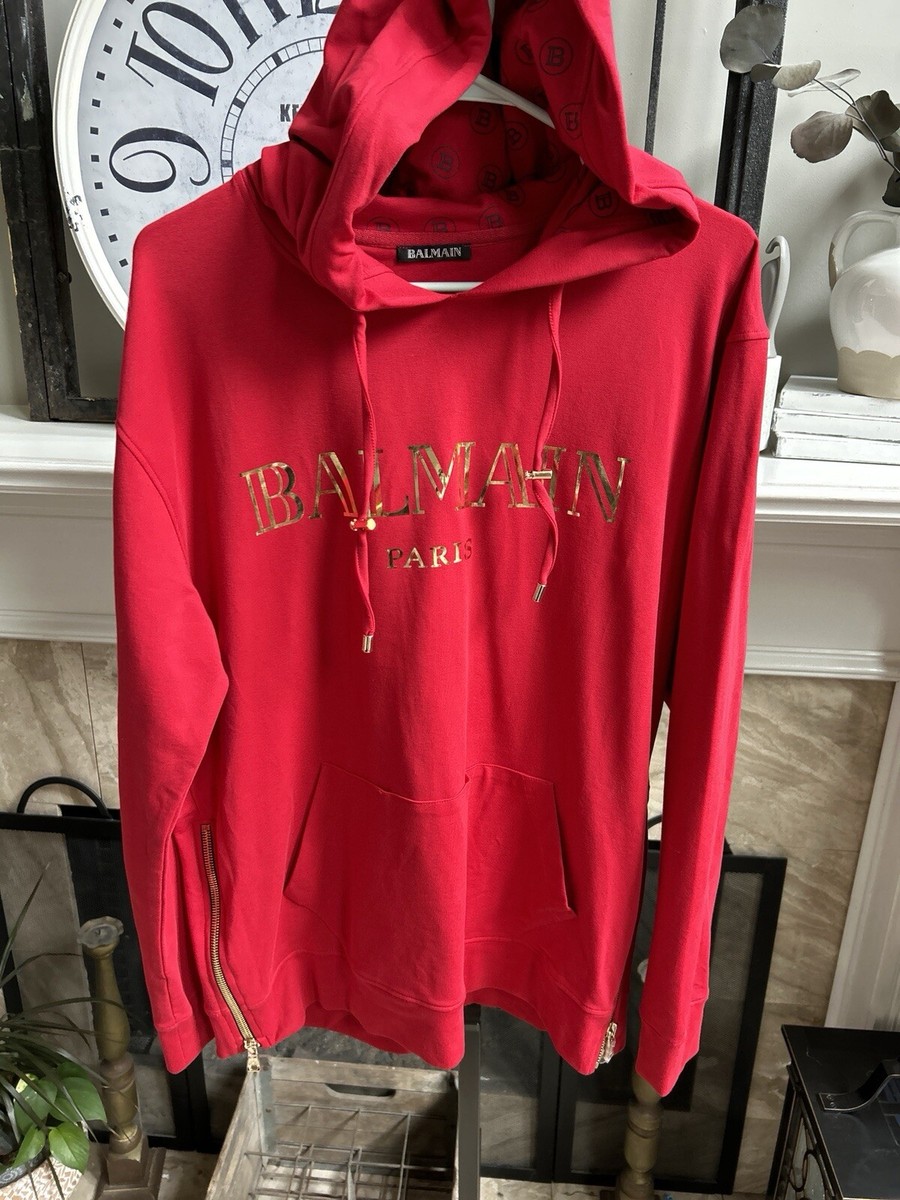 BALMAIN men's red hoodie sweatshirt w/gold logo lettering - sz XL | eBay