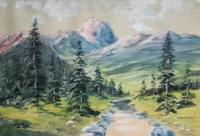 Vintage gouache painting mountain landscape signed