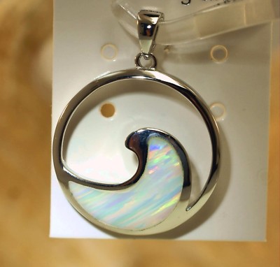 23MM RHODIUM 925 SILVER INLAID WHITE OPAL HAWAIIAN BREAKING OCEAN WAVE PENDANT