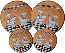 SET OF 4, CHEFS DESIGN ROUND STOVE TOP BURNER COVERS.(2 x 10.5 Dia & 2 x 8.5 Di
