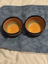 Pair Of Vibrant Ceramic 4.5” Bowls Multi-Colored Striped Pattern In & Out  