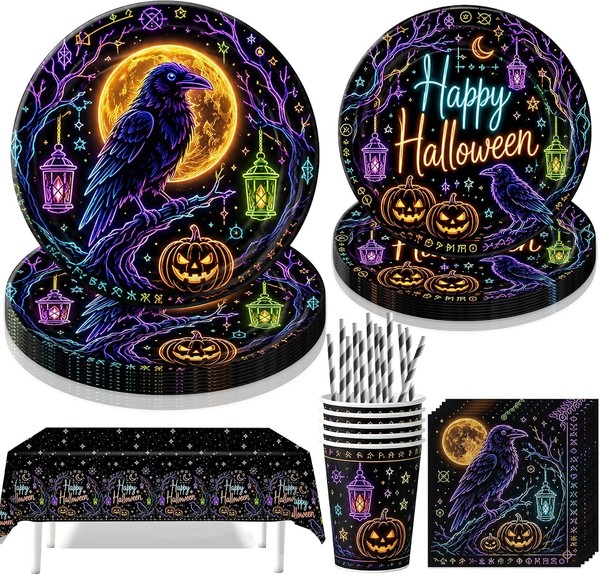 Halloween Partygeschirr Set 61 StüCk Neonfarben Pappteller Pappbecher FüR 10-image