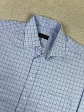 Canali Dress Shirt Mens 17.5 44 Blue Check Long Sleeve Made In Italy Cotton