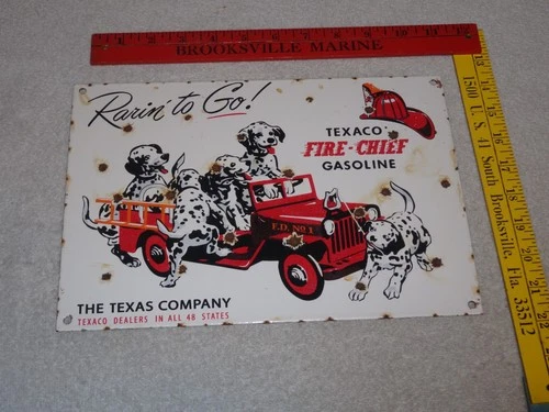 VINTAGE TEXACO FIRE CHIEF GASOLINE W/ DALMATIAN DOG 12" PORCELAIN METAL OIL SIGN
