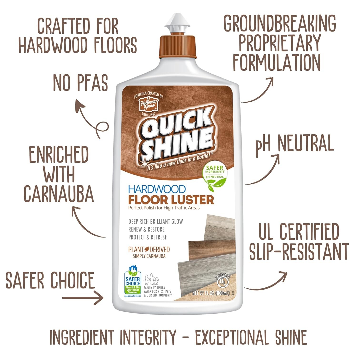 Quick Shine Hardwood Floor Luster-Polish 27oz | Plant-Derived w/Carnauba | Safer