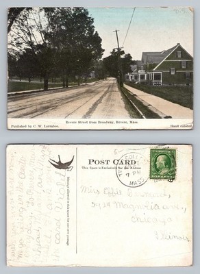 Revere, Massachusetts Revere Street Broadway Handcolored Vintage c1911 Postcard