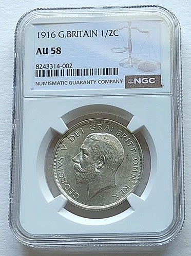 1916 Great Britain 1/2 Crown , NGC AU 58 , nice silver coin       #2080, # 69-05