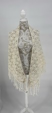 Vintage Hand Made Cream Crochet Shawl Scarf Wrap Fringe Boho Festival Evening