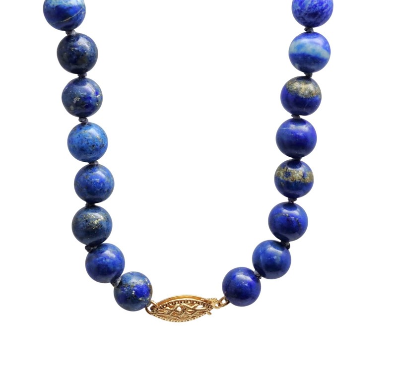 Vintage 14k Yellow Gold Clasp 8mm Lapis Lazuli Beaded Ladies Necklace
