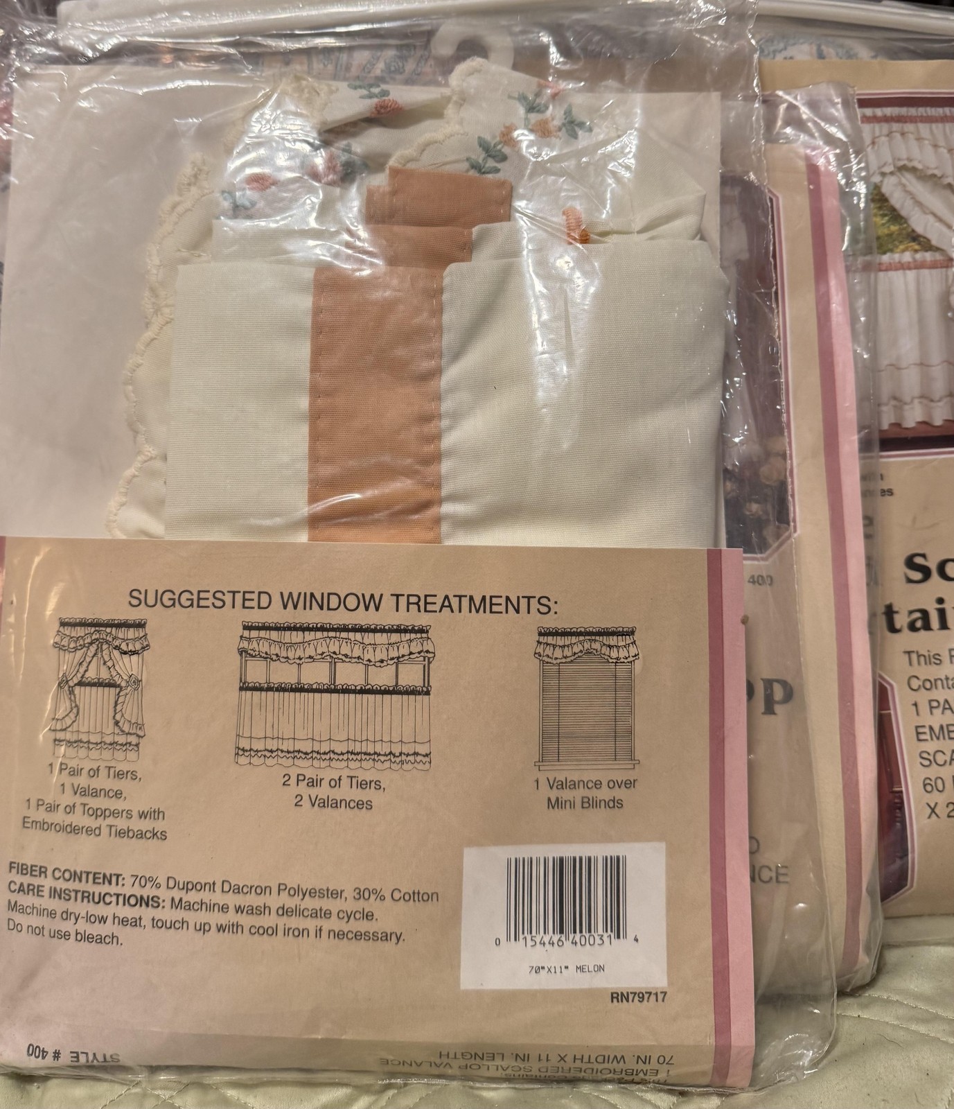 Vintage Julie Embroidered Scallop Valance Curtain Set 70x11 Floral Made in USA