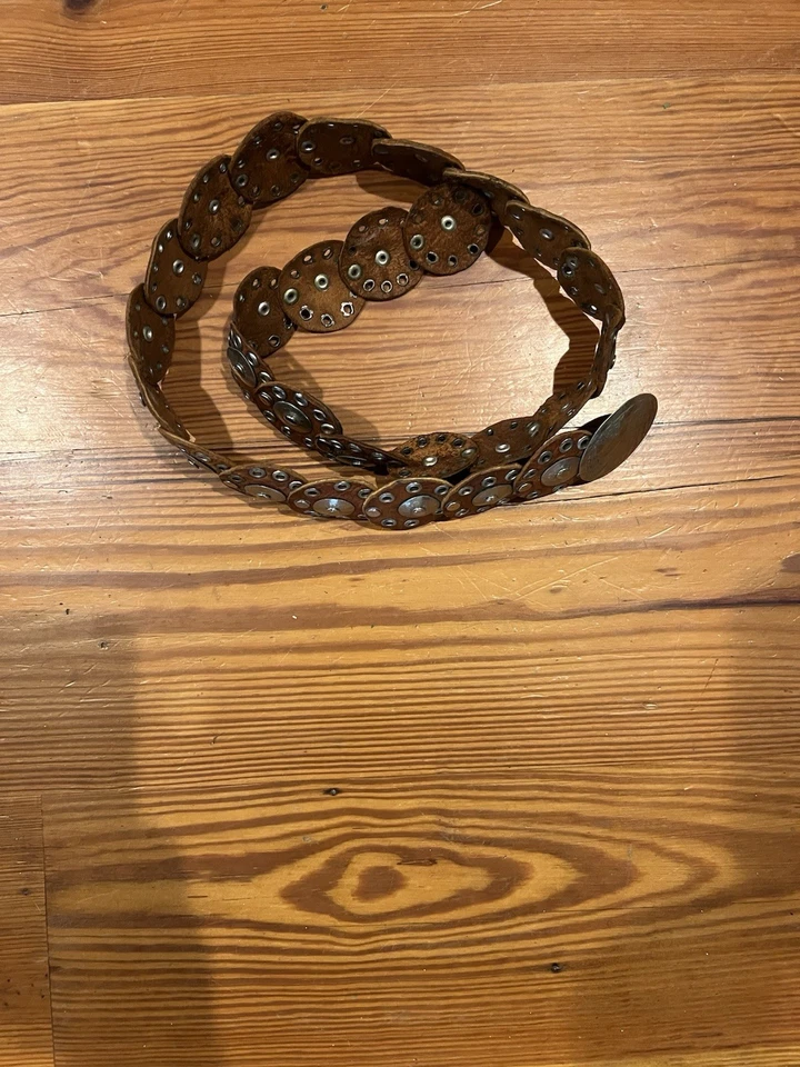 VTG Moroccan Chestnut Brown Leather Belt Silver Conchos Geometric Sz S/M Western - Image 4 of 4