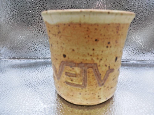Studio Art Pottery Coffee Mug Glazed Tan with Brown Speckles Signed 14 oz