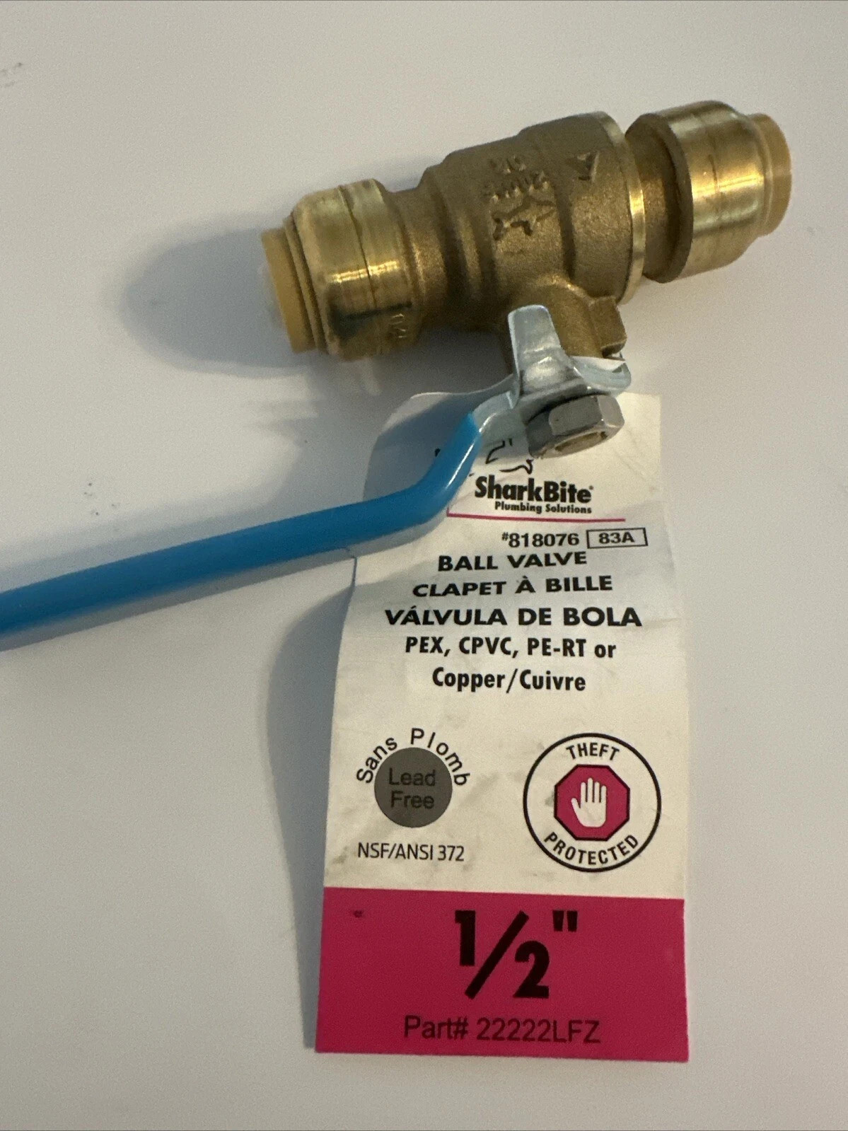 SharkBite 22222-0000LF Brass Push Ball Valve, 1/2” x 1/2” quick push to connect
