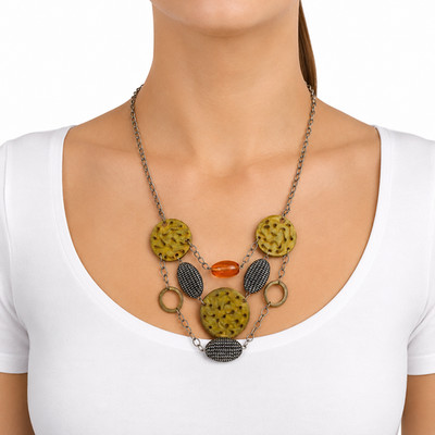Chico's Hammered Enameled Etched Multi-Disc Artistic Layered Necklace 23''