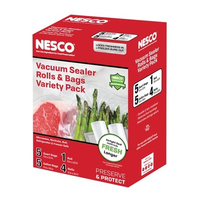 NESCO  Vacuum Seal Bag and Roll Variety Pack, 5 Pre-Cut Quart, 5 Pre-Cut Gallon