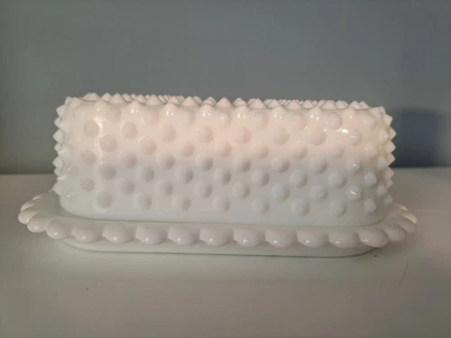 VTG Fenton Hobnail Milk Glass Butter Dish 7.5 x 3.75 x 2.75 in. 1960's EXCELLENT