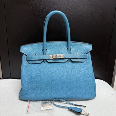 AUTH Hermès Birkin 30 Blue Clemence Leather Silver Hardware Top Handle Handbag