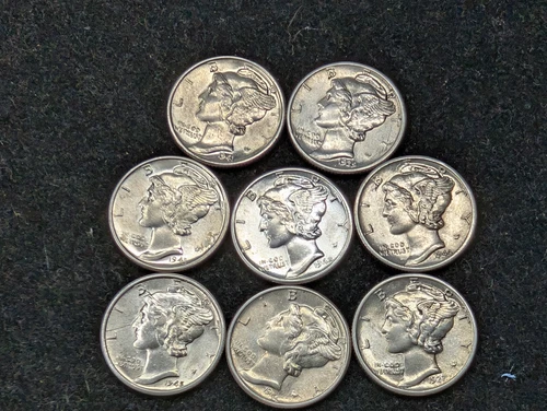 8 Different Gem BU Mercury Silver Dimes 10c 1937-1944 250635