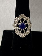 Silver Tone Flower Oval Shape Clear Purple Rhinestone Costume Cocktail Ring 7.5