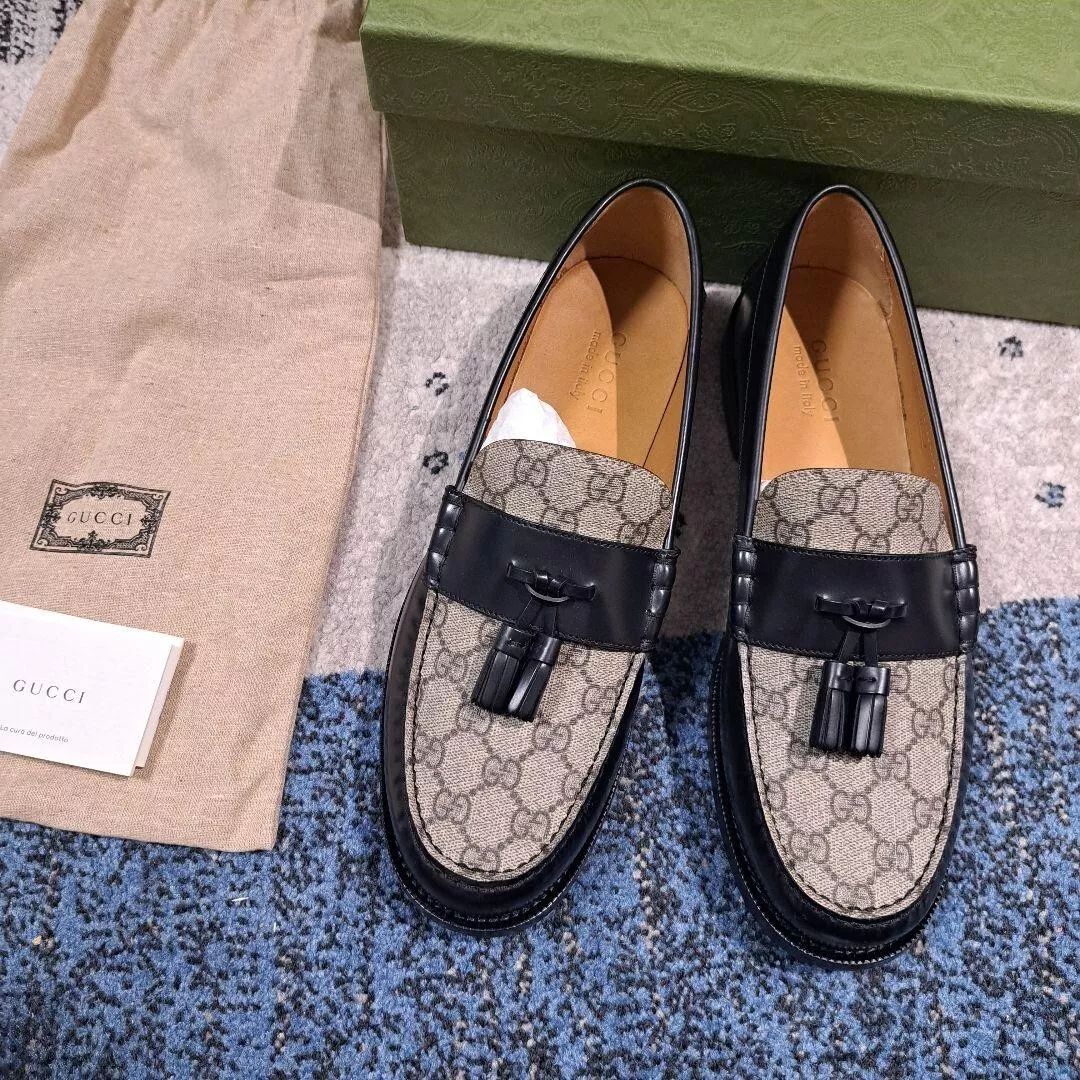 Mocassins noirs à pompons en toile monogramme GUCCI GG taille 11 (28,5 cm) neufs dans leur boîte