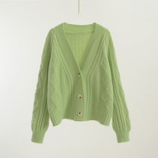 Lady Cable Knit Crop Cardigan Sweater Coat Long Sleeve V Neck Jacket Loose Sweet