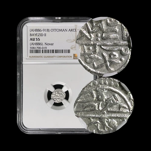 OTTOMAN. 1481, Akce, Silver - NGC AU55 - Bayezid II, Novar, Serbia 019