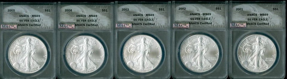 1986 TO 2025 SILVER EAGLE ANACS MS69-70 MAC SPOTLESS 50 OUNCES COINS + P MINTS . - Image 4 of 4